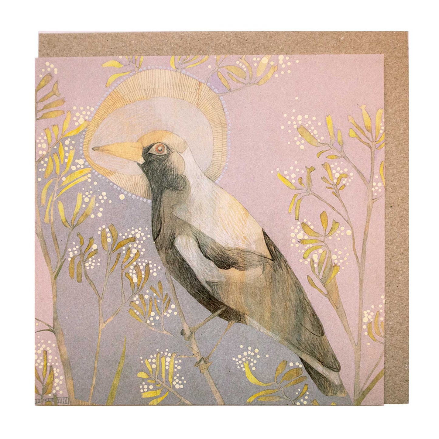 winter, magpie and yellow kangaroo paw - card