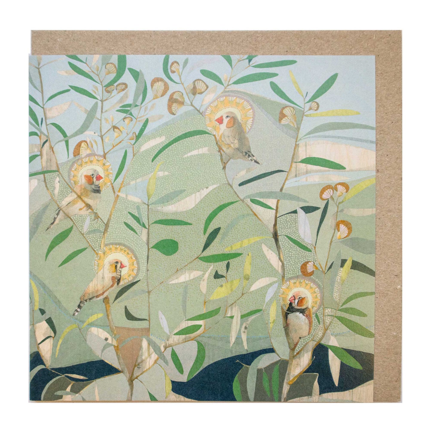 the small things, zebra finch and eucalyptus - card