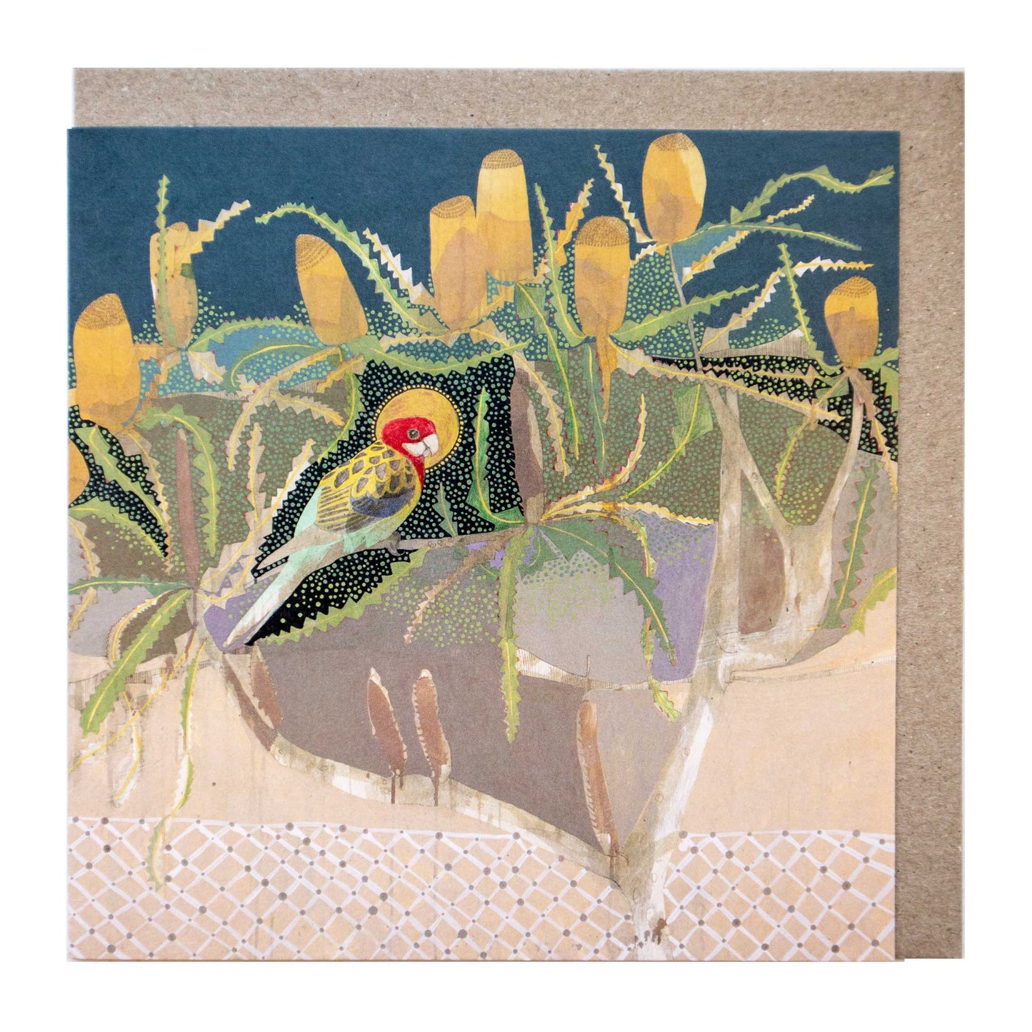drifting away down palmer street, eastern rosella and orange banksia - card