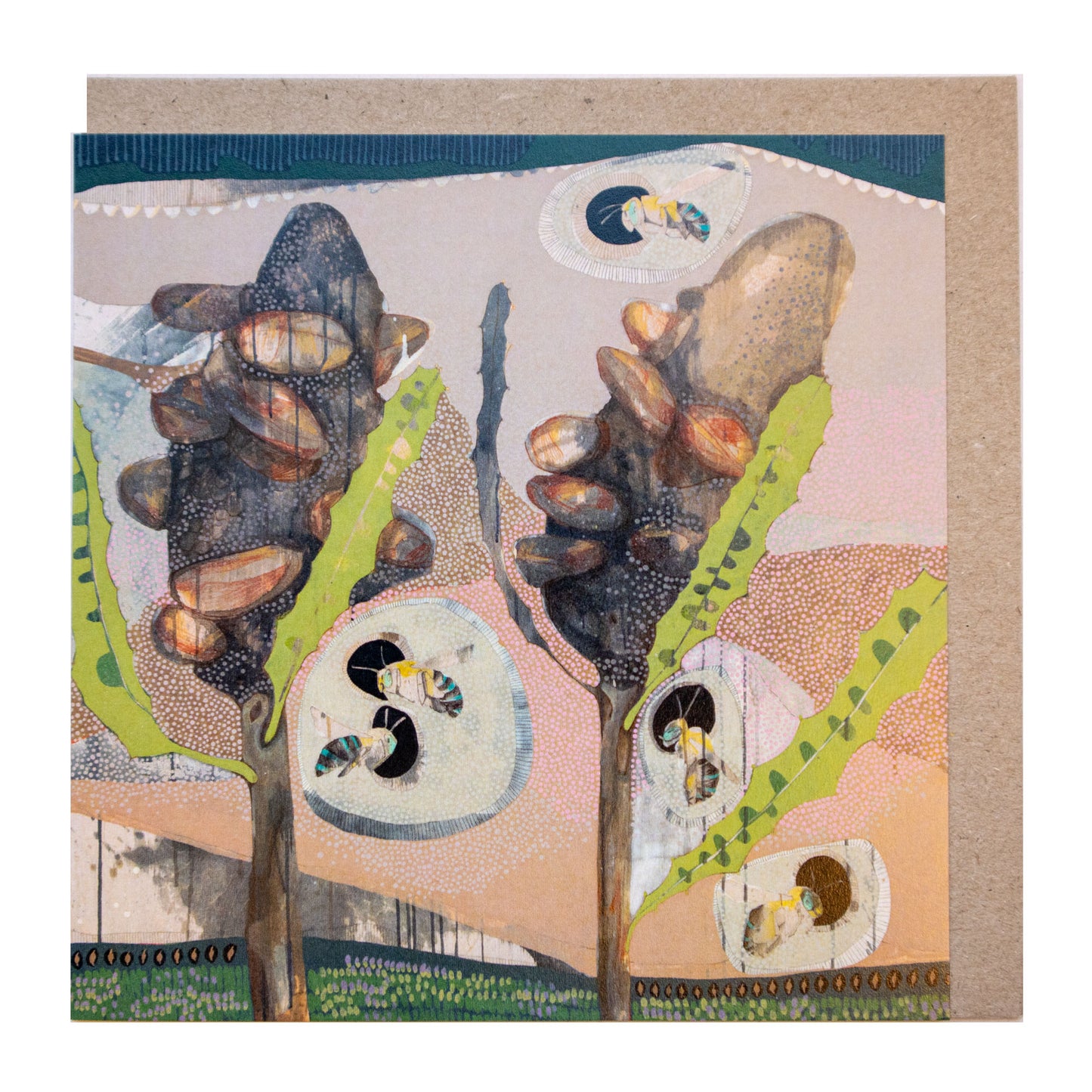 the sky dance (5), blue banded bees and banksia - card
