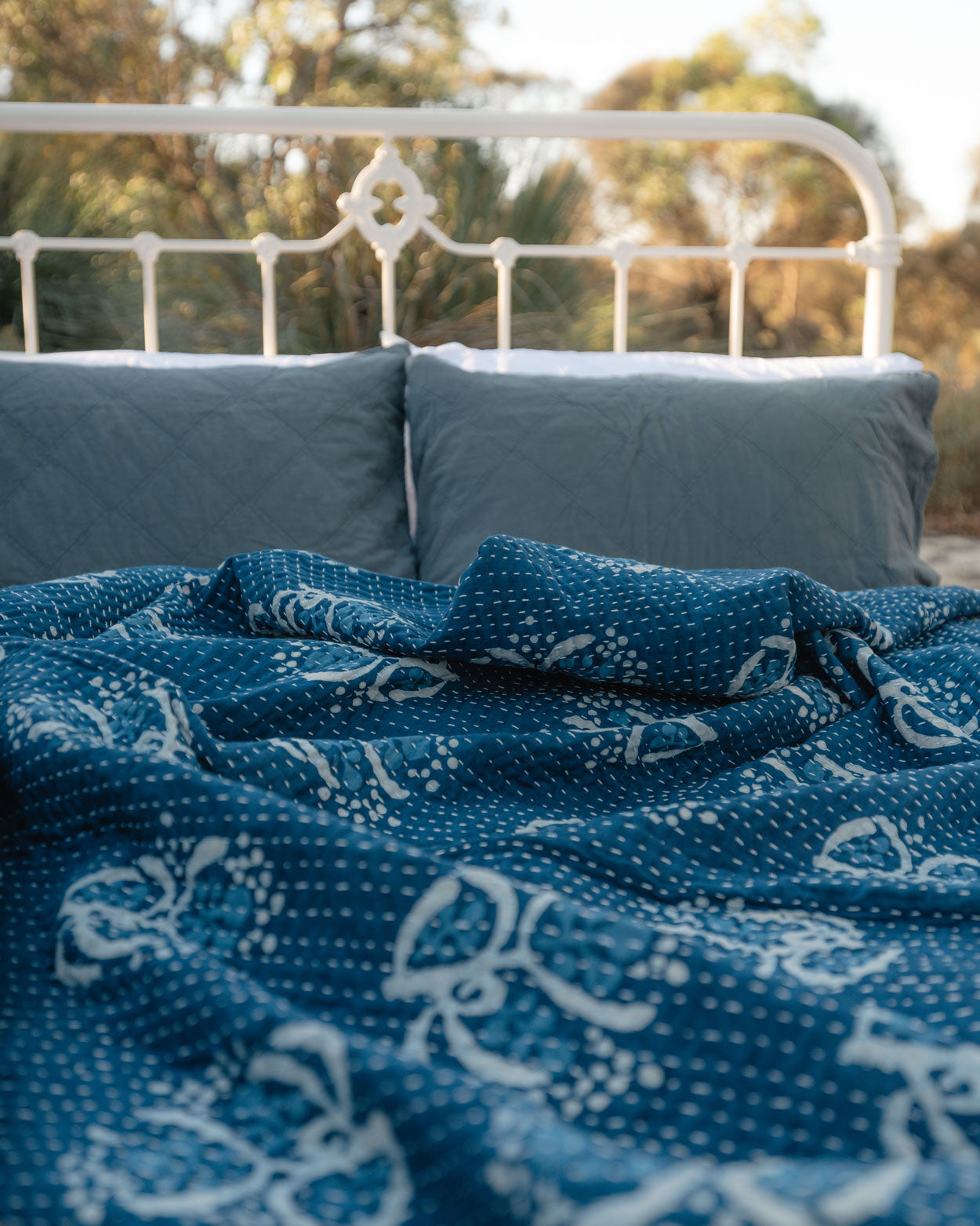 heart strings, australian/aldinga wattle 🌿 indigo woodblock kantha print quilt