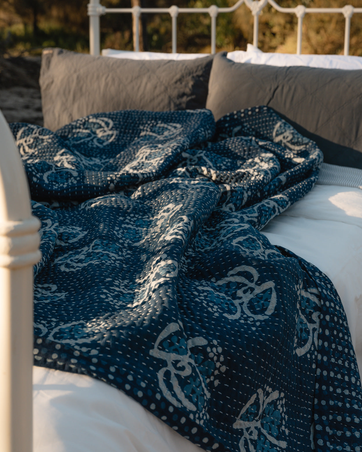 heart strings, australian/aldinga wattle 🌿 indigo woodblock kantha print quilt
