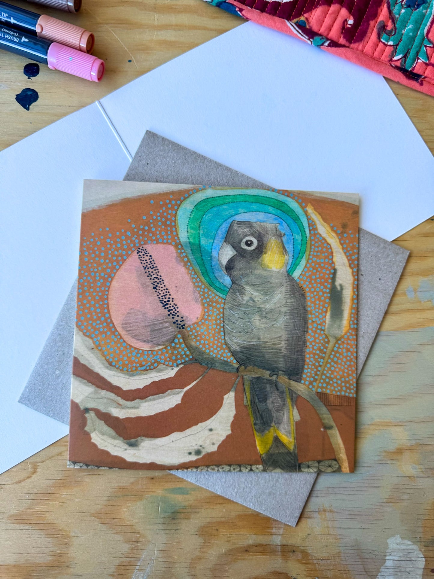 yellow-tailed black cockatoo and banksia - card