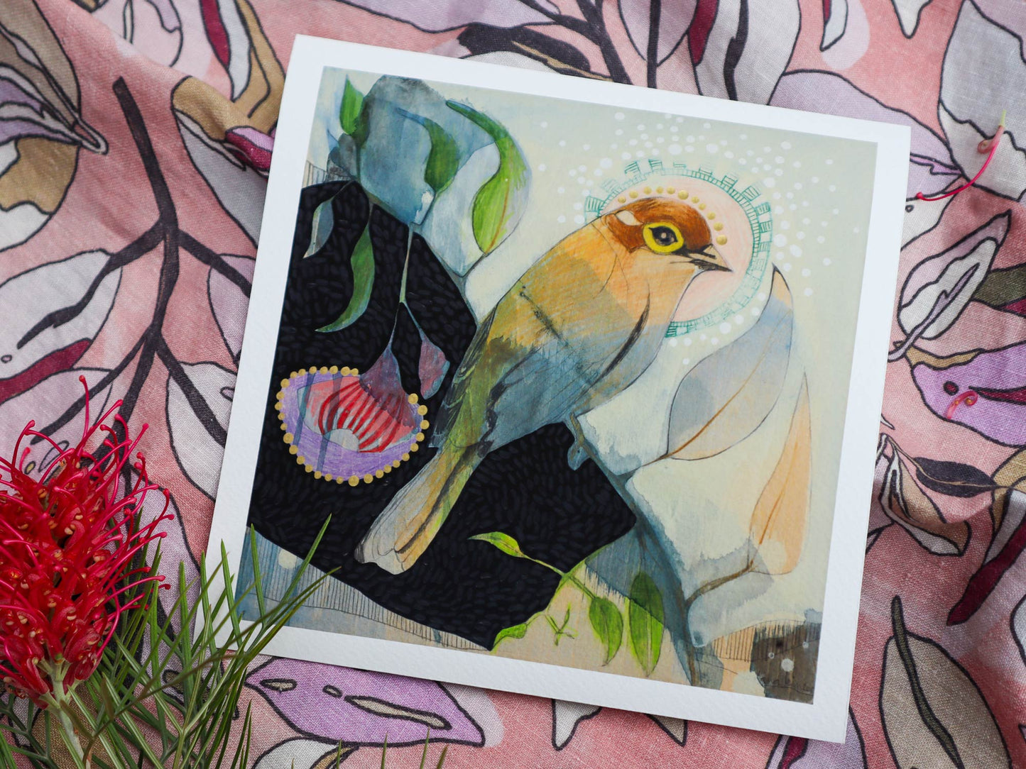 Brown Headed Honeyeater and Silver Princess Eucalyptus - Mini Print