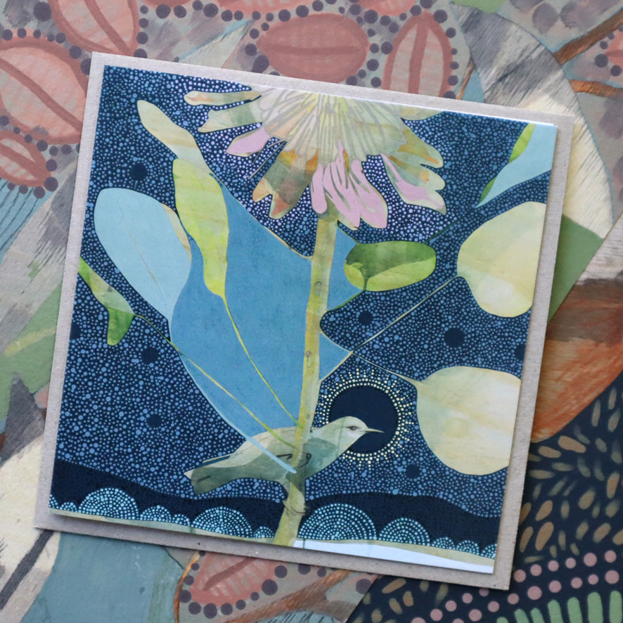 when it is dark enough you can see the stars (2) grey breasted silvereye and king protea | card