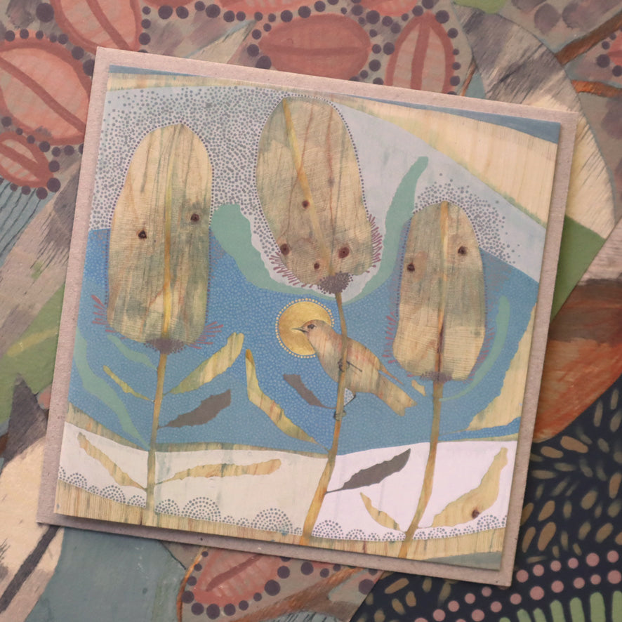 my beautiful world, banksia and silvereye - card