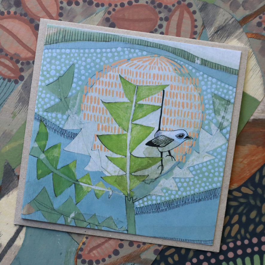 purple backed wren and banksia | card