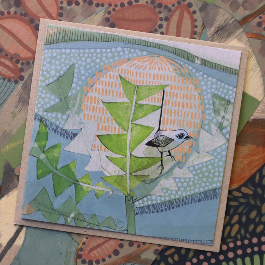 purple backed wren and banksia - card