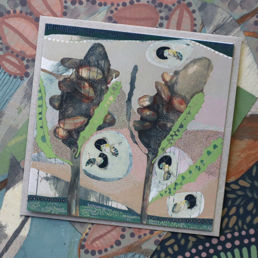 the sky dance (5) - blue banded bees and banksia | card