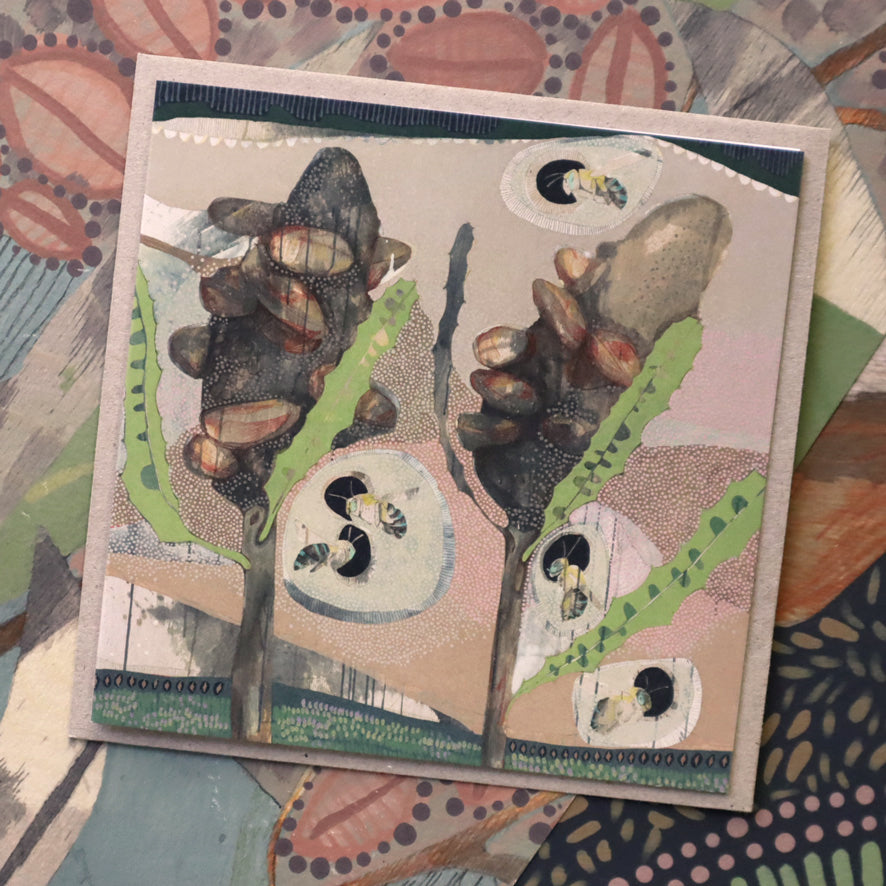 the sky dance (5), blue banded bees and banksia - card