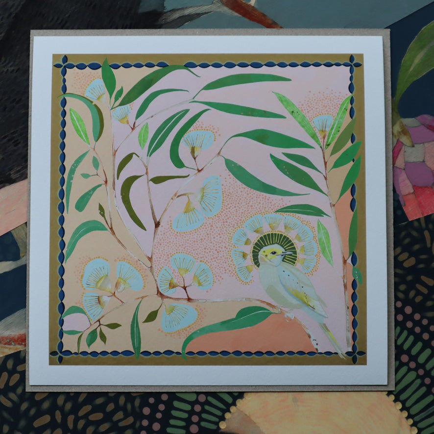 mini | white plumed honeyeater and eucalyptus | print