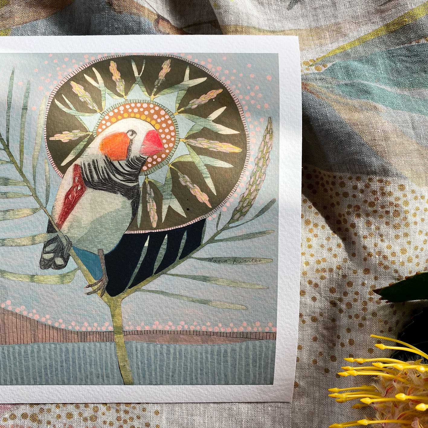 Zebra Finch and Bottlebrush - mini print