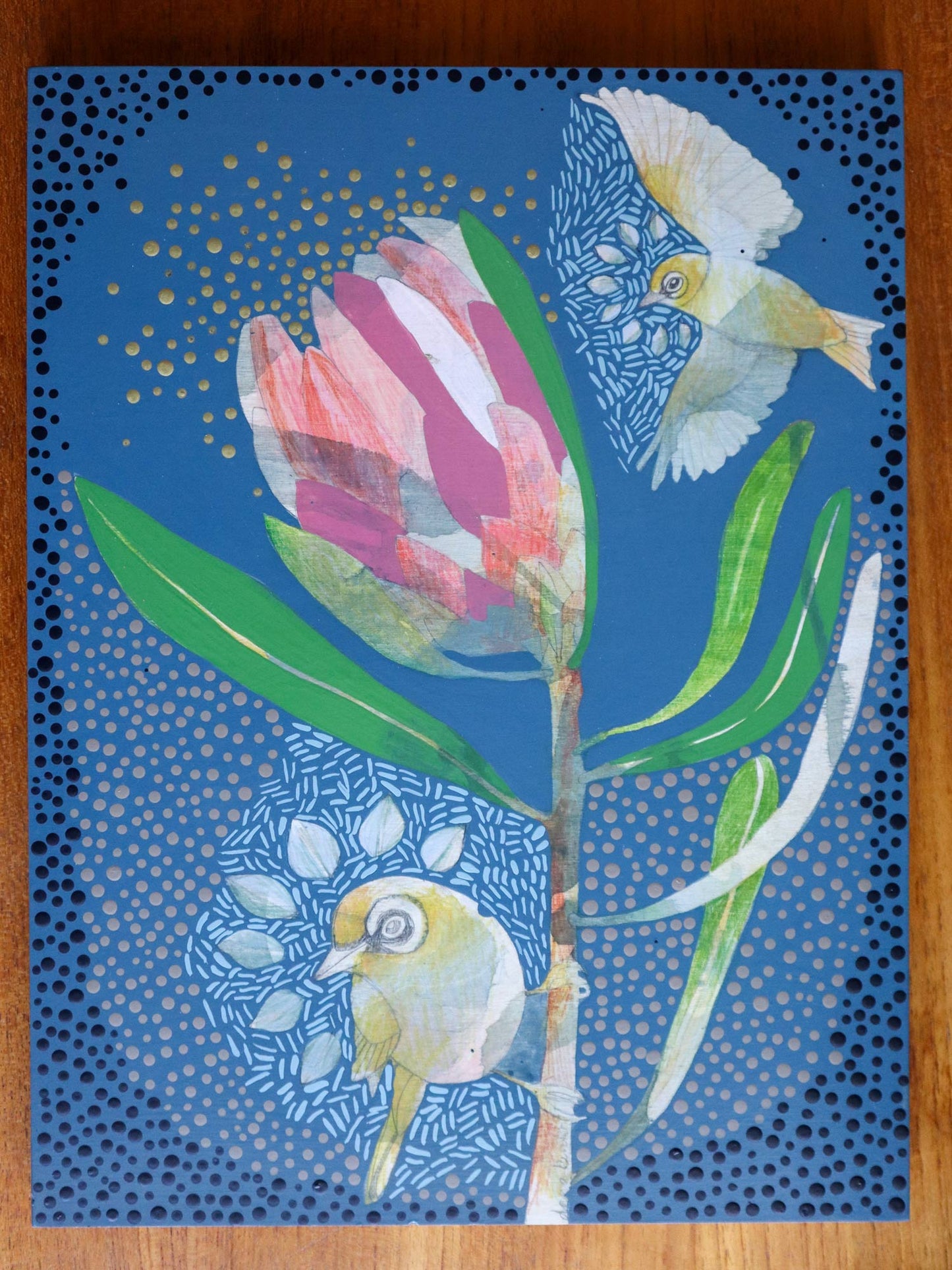 The Heart of Happiness - Silvereye and Pink Ice Protea Painting