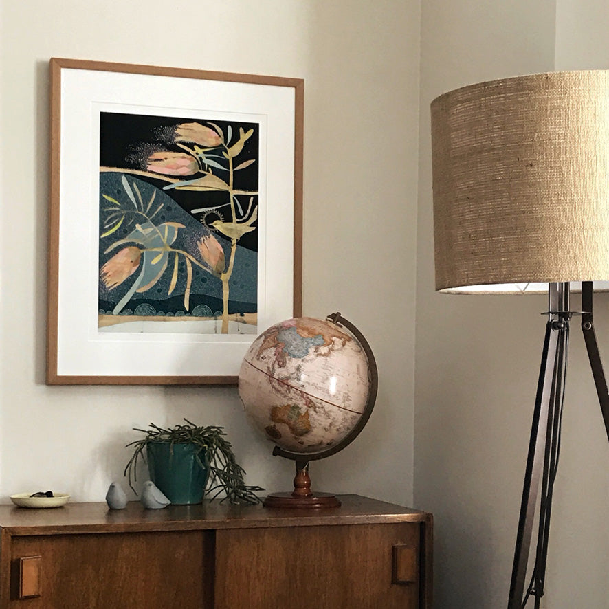 when it is dark enough you can see the stars (iii) - pale silvereye and pink ice protea | print