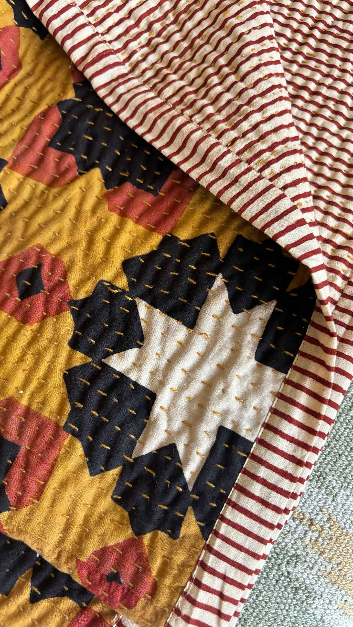 love threads, rajasthan hearts and stars ⭐️ bagru woodblock kantha print quilt