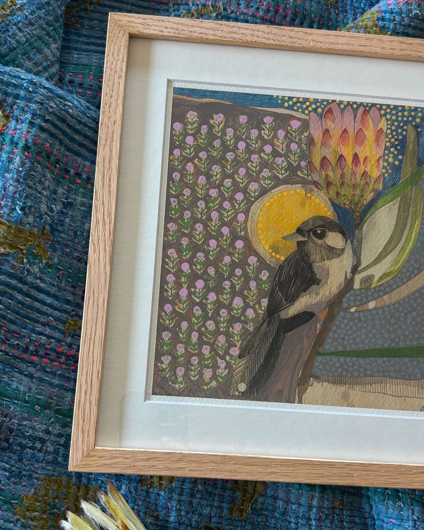 Willie wagtail and protea framed - mini print - pick up only