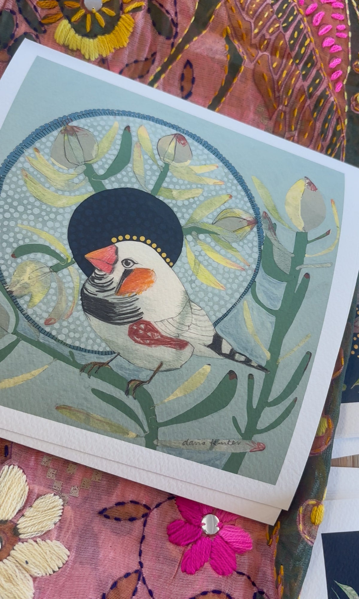 Zebra Finch and Leucadendron - mini print