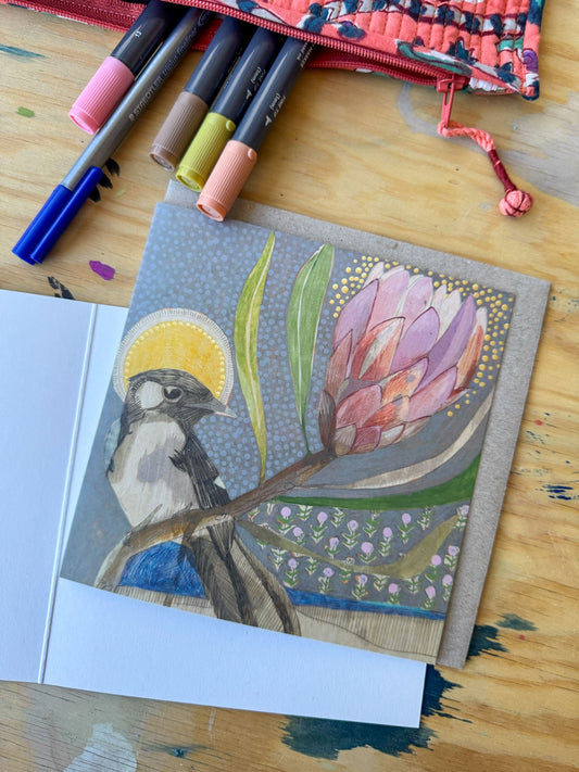 willie wagtail and protea - card