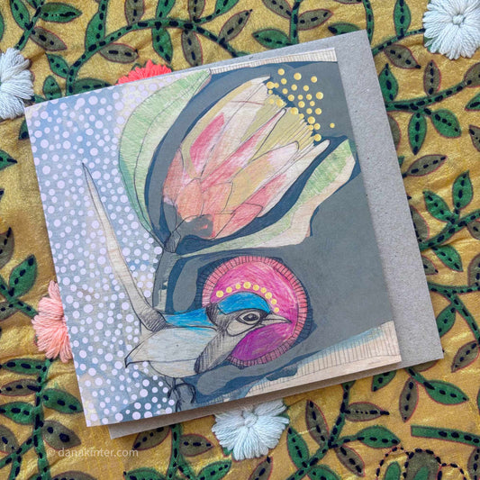 Blue Wren and Protea - card