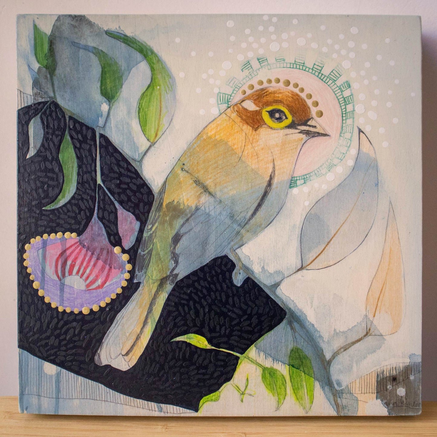 Brown Headed Honeyeater and Silver Princess Eucalyptus - Painting