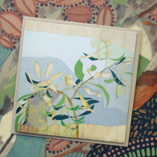 i awoke and at times birds fled, eucalyptus and warbler - card