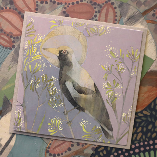 winter, magpie and yellow kangaroo paw - card