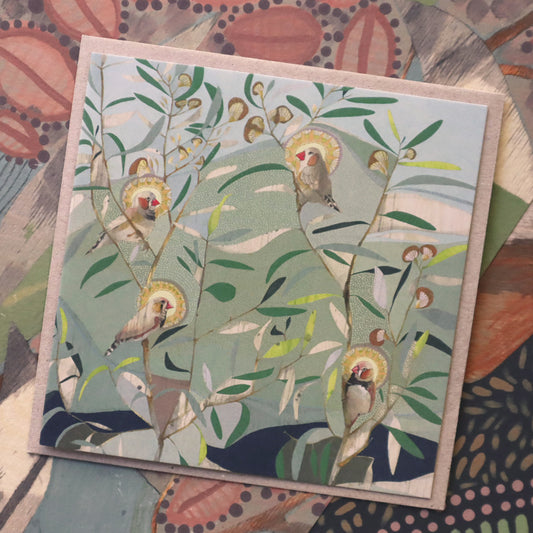 the small things, zebra finch and eucalyptus - card