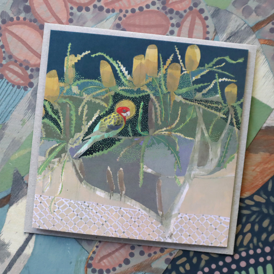 drifting away down palmer street - eastern rosella and orange banksia | card