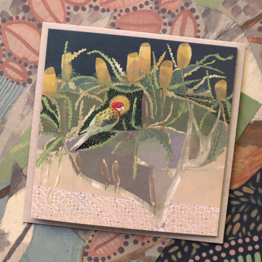 drifting away down palmer street, eastern rosella and orange banksia - card