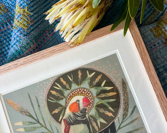 Zebra finch and bottlebrush framed - mini print - pick up only