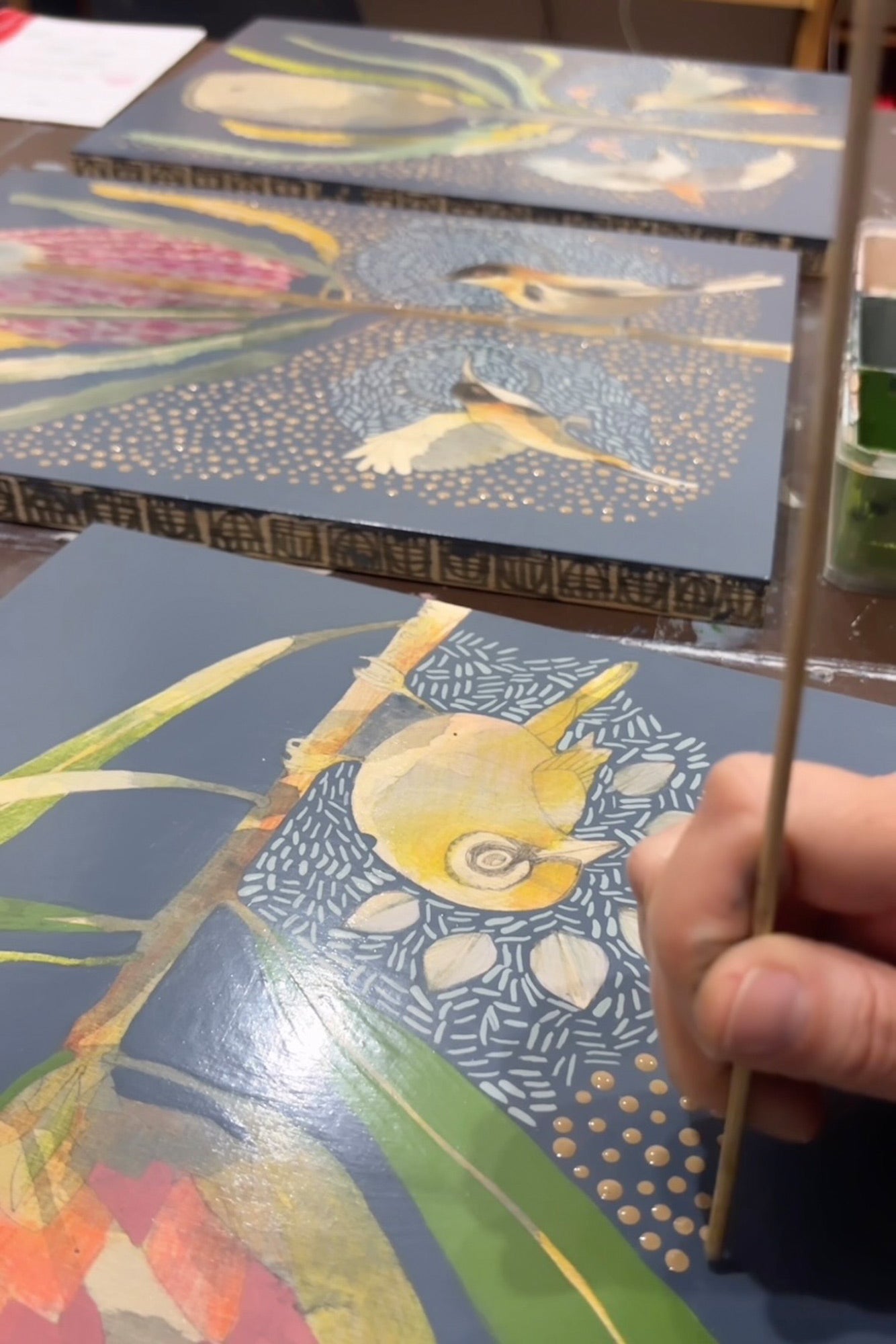 The Heart of Happiness - Silvereye and Pink Ice Protea Painting