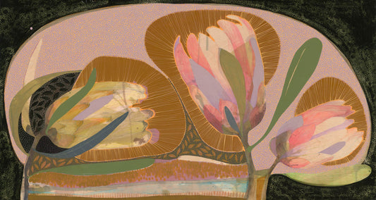 Dreams on the Wind - Golden Hawk and Pink Ice Protea - Painting
