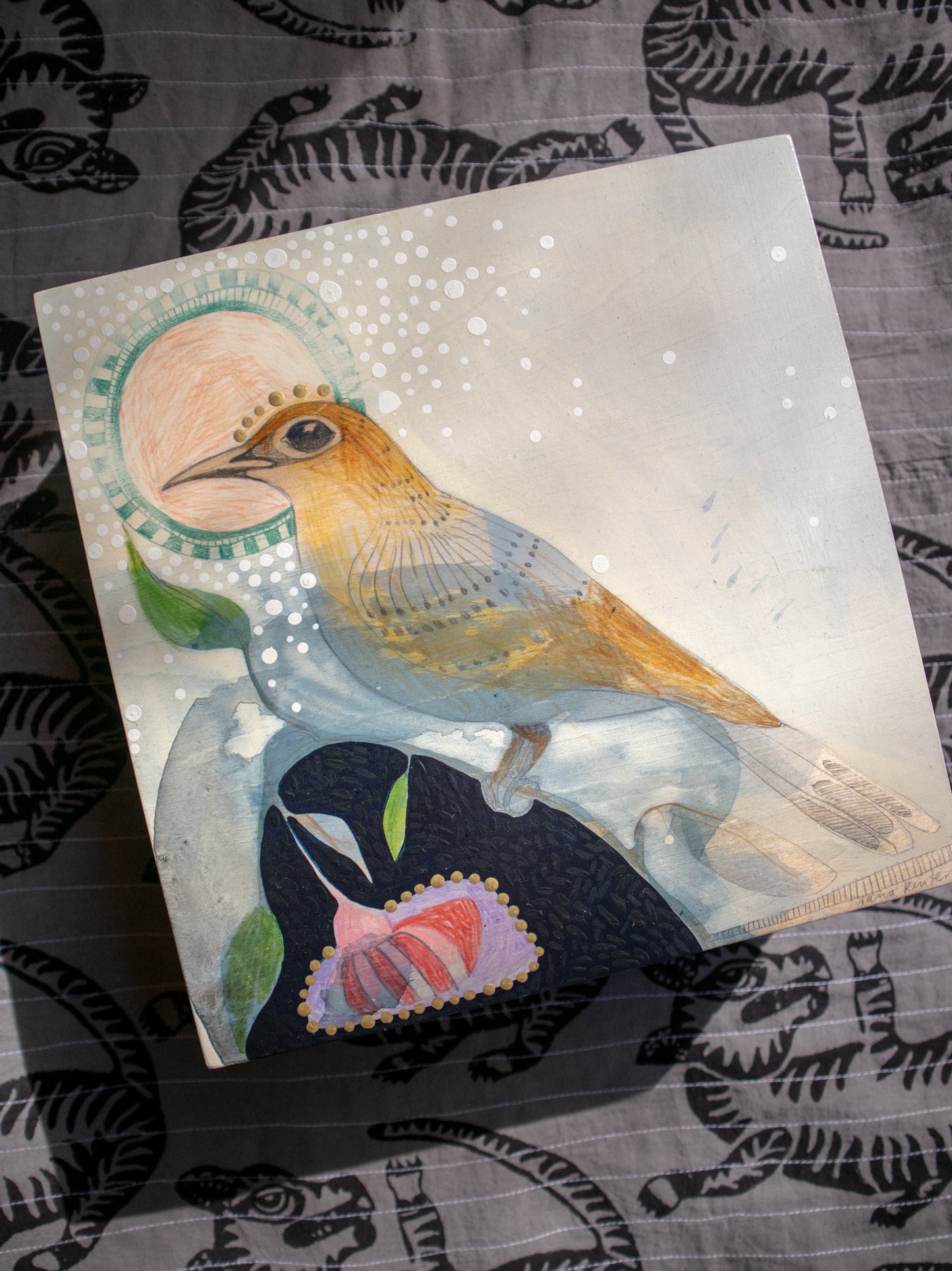 Little Wattle Bird and Silver Princess Eucalyptus - Painting