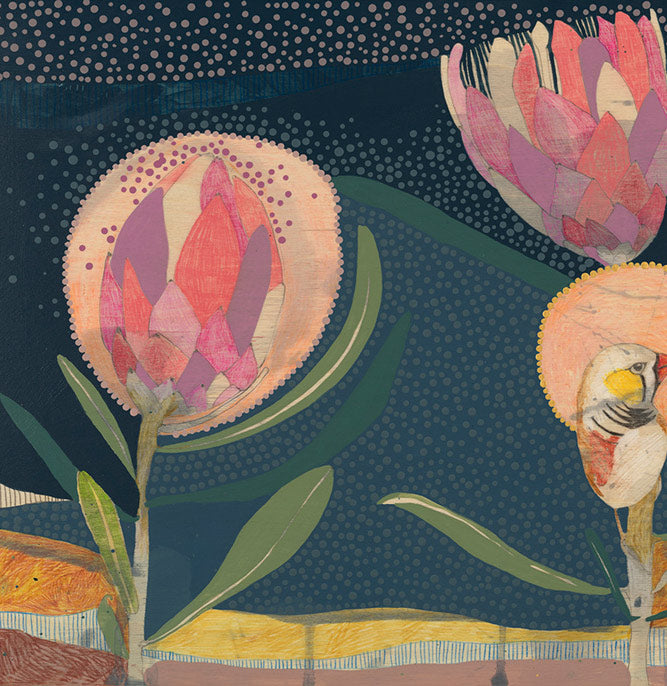 May My Heart Always Be Open, Zebra Finches and Protea - Edition Print