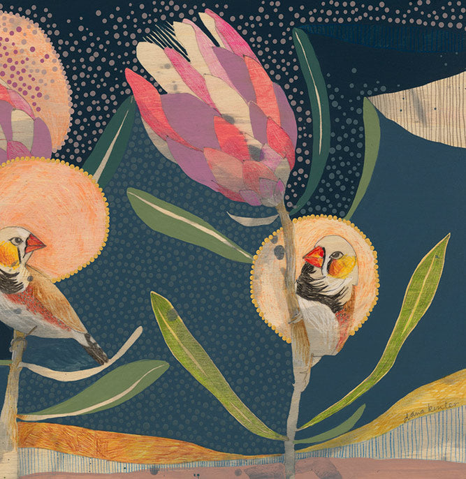 May My Heart Always Be Open, Zebra Finches and Protea - Edition Print