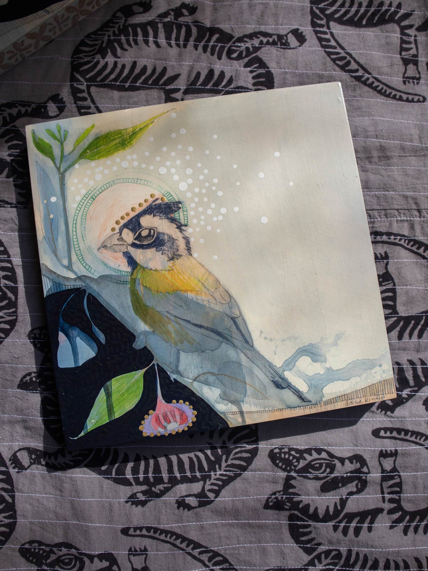 Crested Shrike-tit and Silver Princess Eucalyptus - Painting