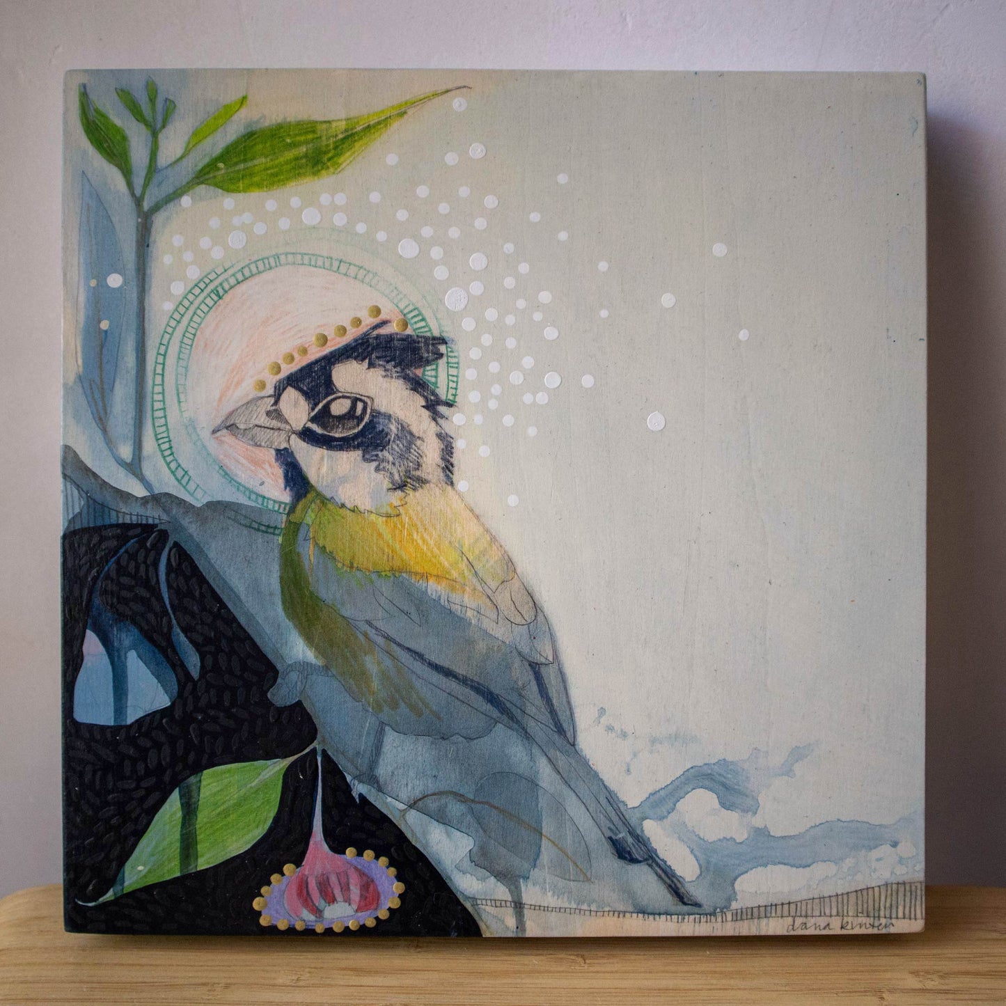 Crested Shrike-tit and Silver Princess Eucalyptus - Painting