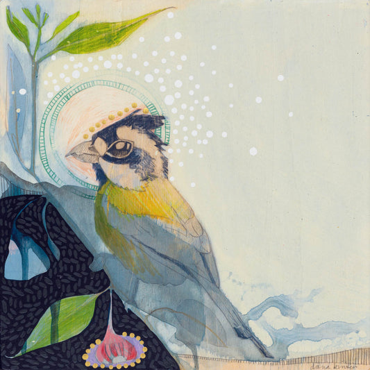 Crested Shrike-tit and Silver Princess Eucalyptus - Painting