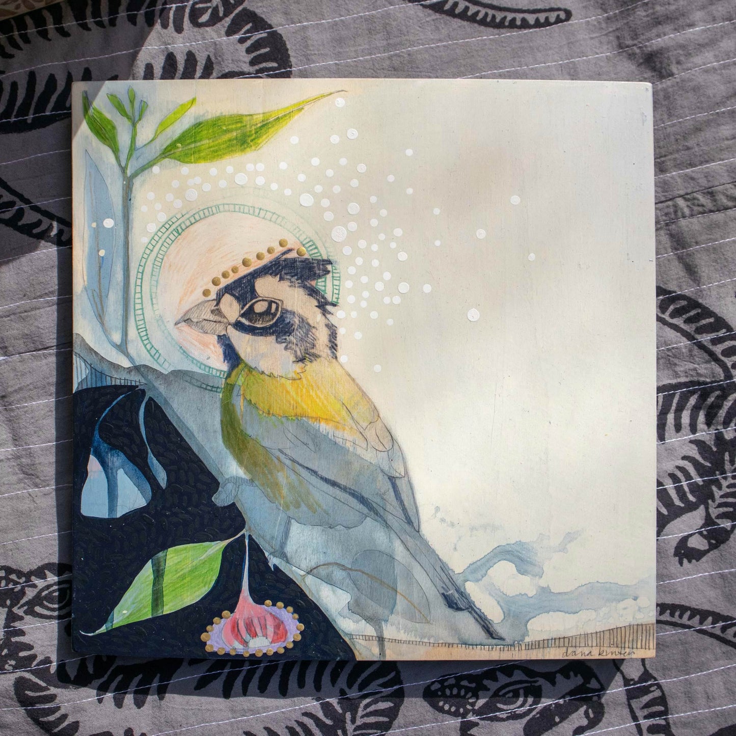 Crested Shrike-tit and Silver Princess Eucalyptus - Painting