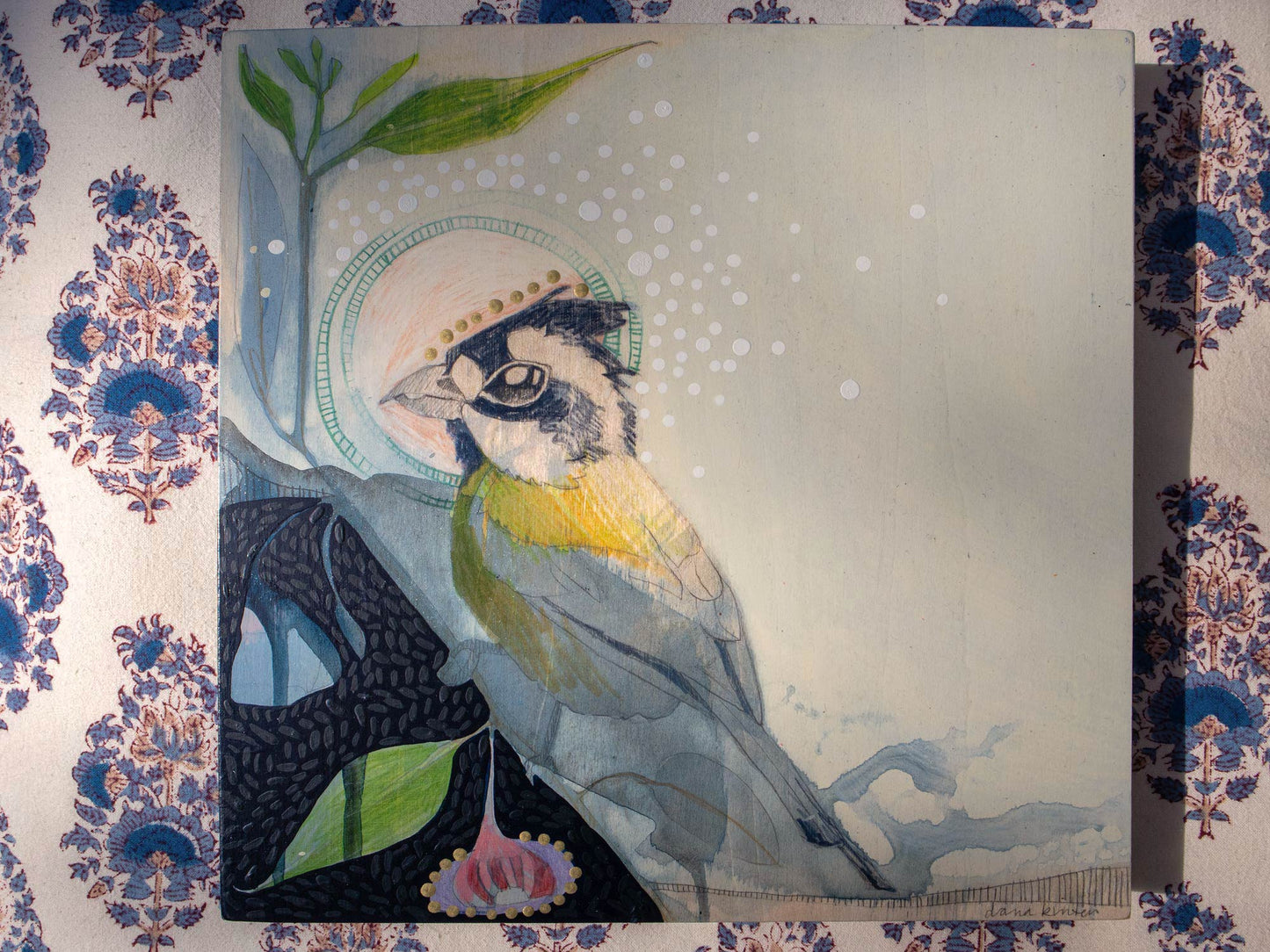 Crested Shrike-tit and Silver Princess Eucalyptus - Painting