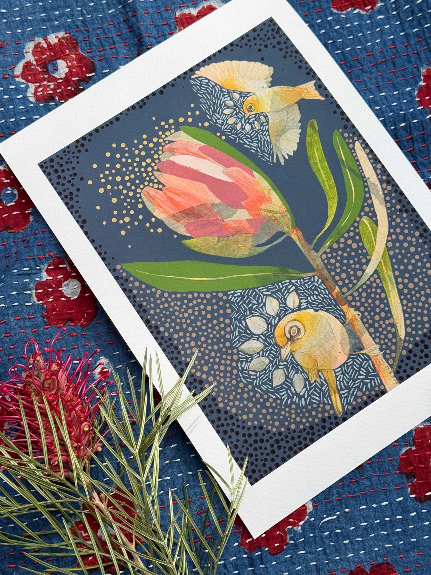 Silvereye and Pink Ice Protea - Mini Print
