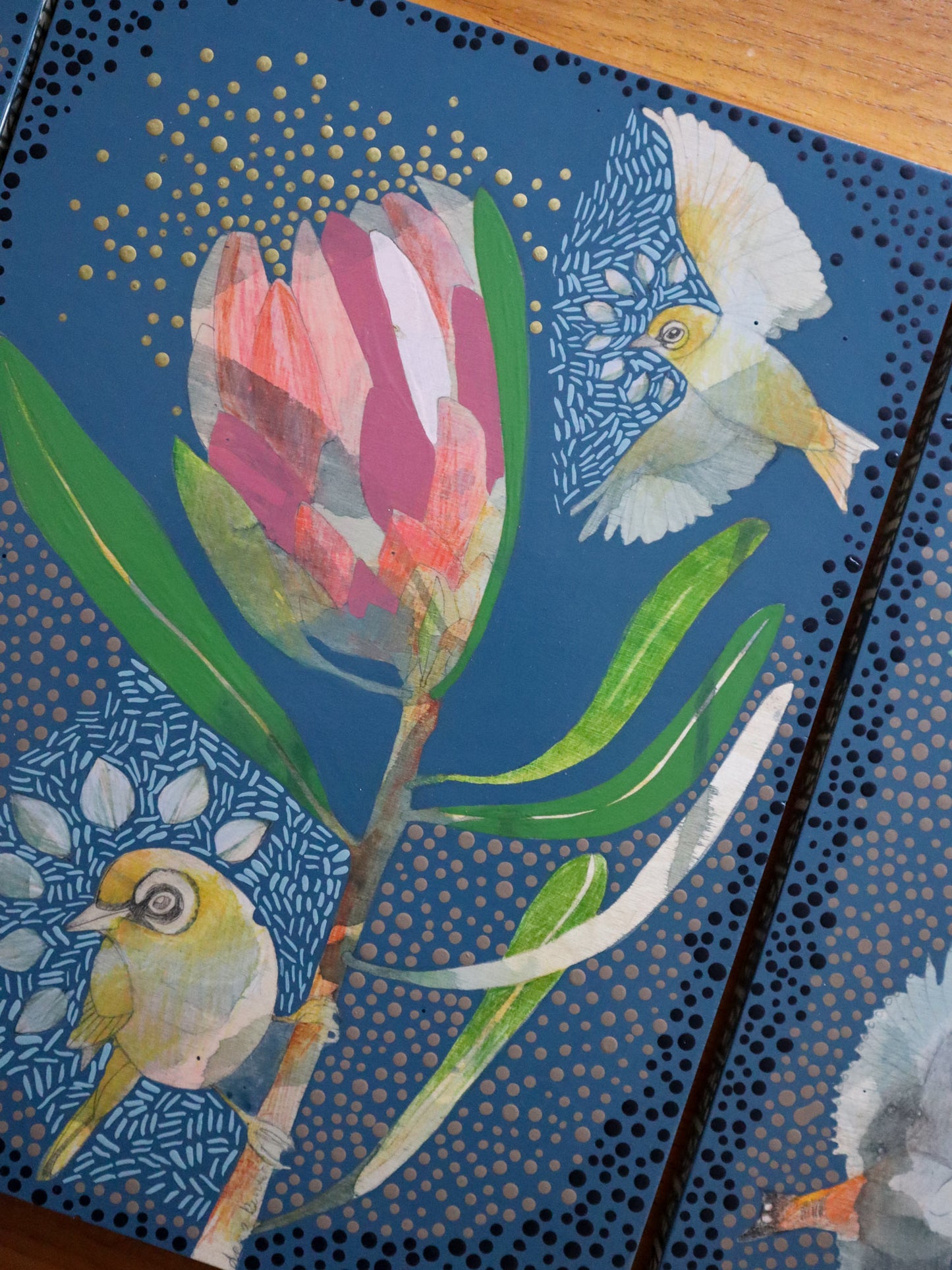 The Heart of Happiness - Silvereye and Pink Ice Protea Painting