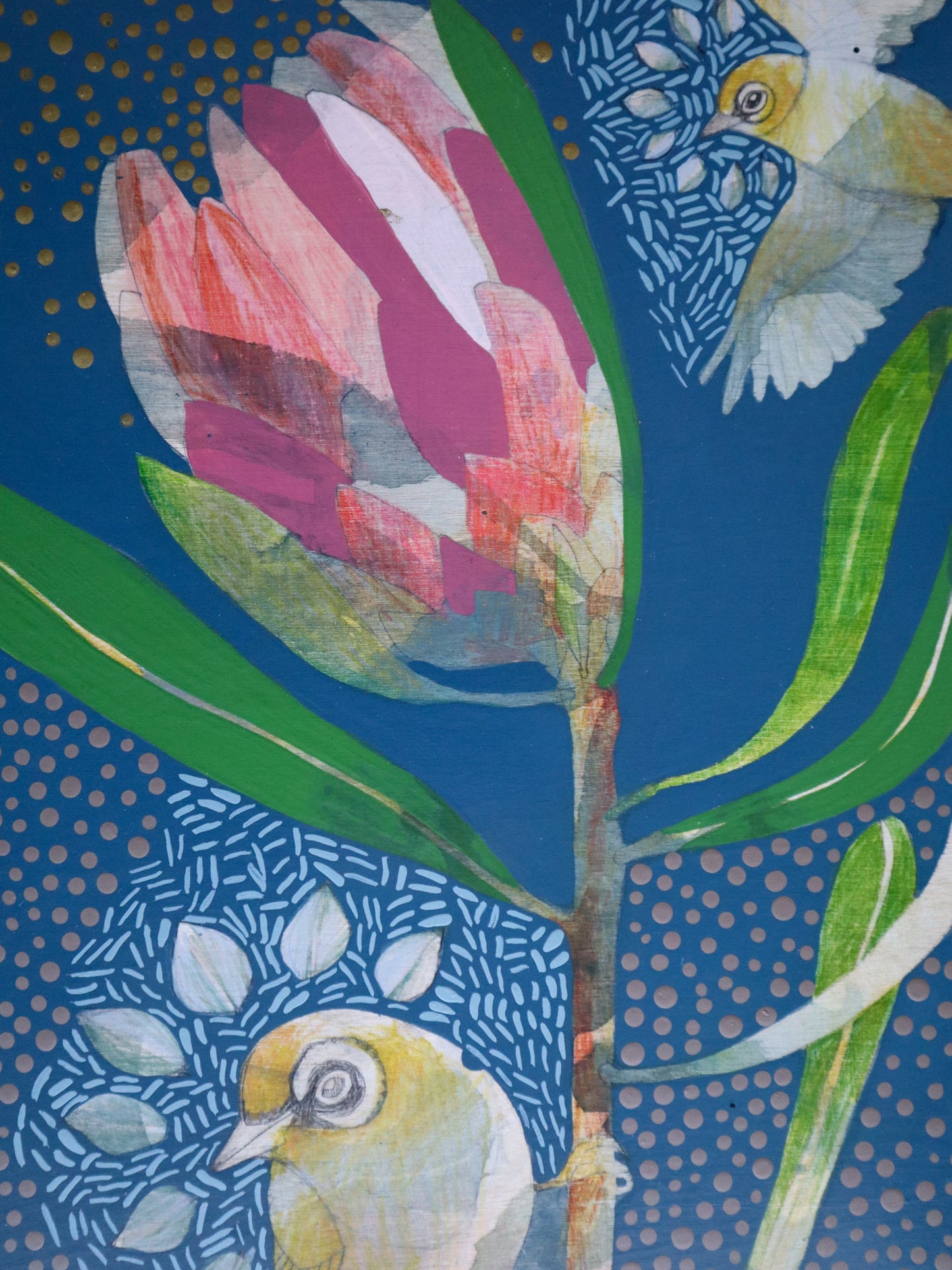 The Heart of Happiness - Silvereye and Pink Ice Protea Painting
