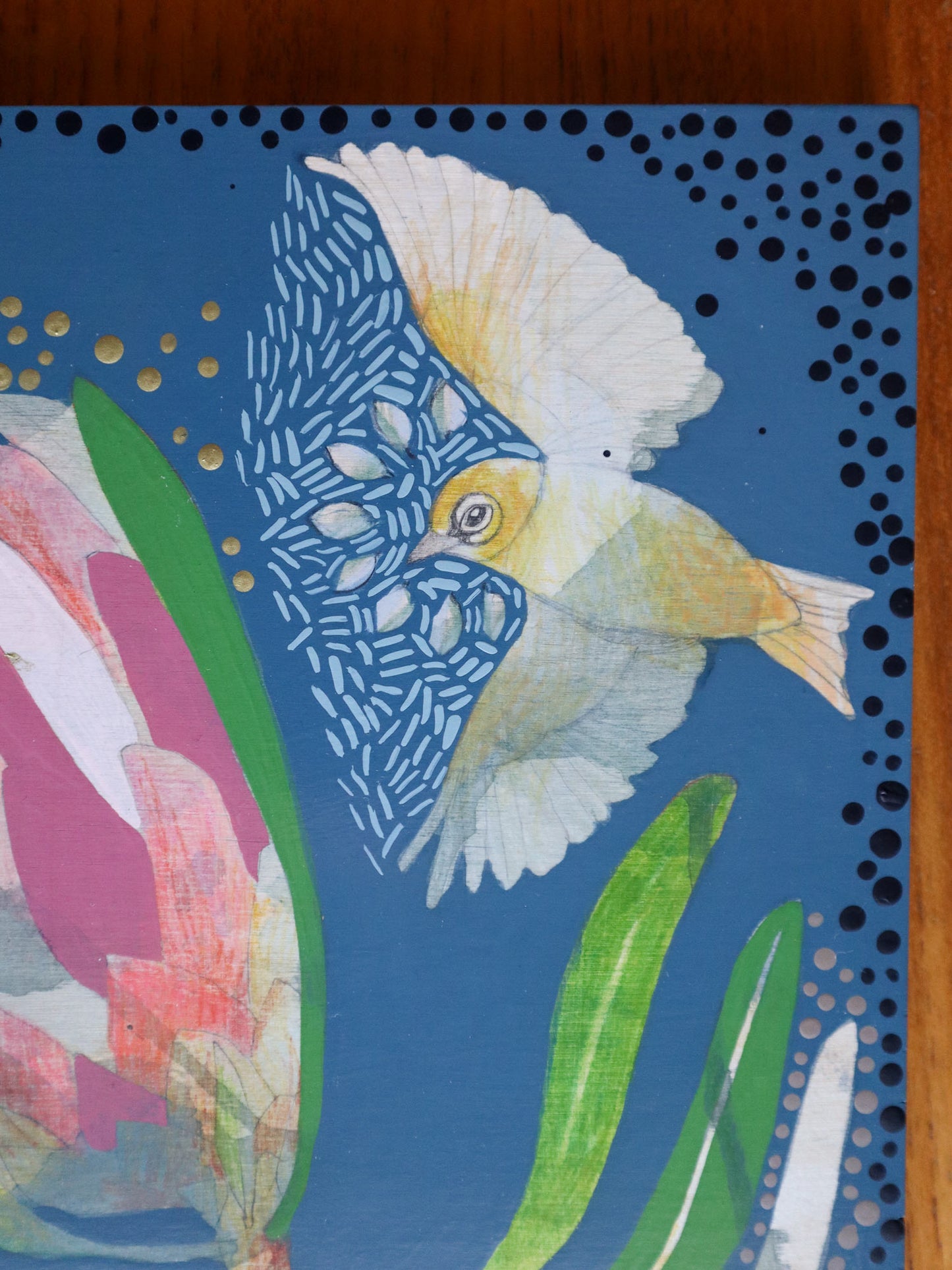 The Heart of Happiness - Silvereye and Pink Ice Protea Painting