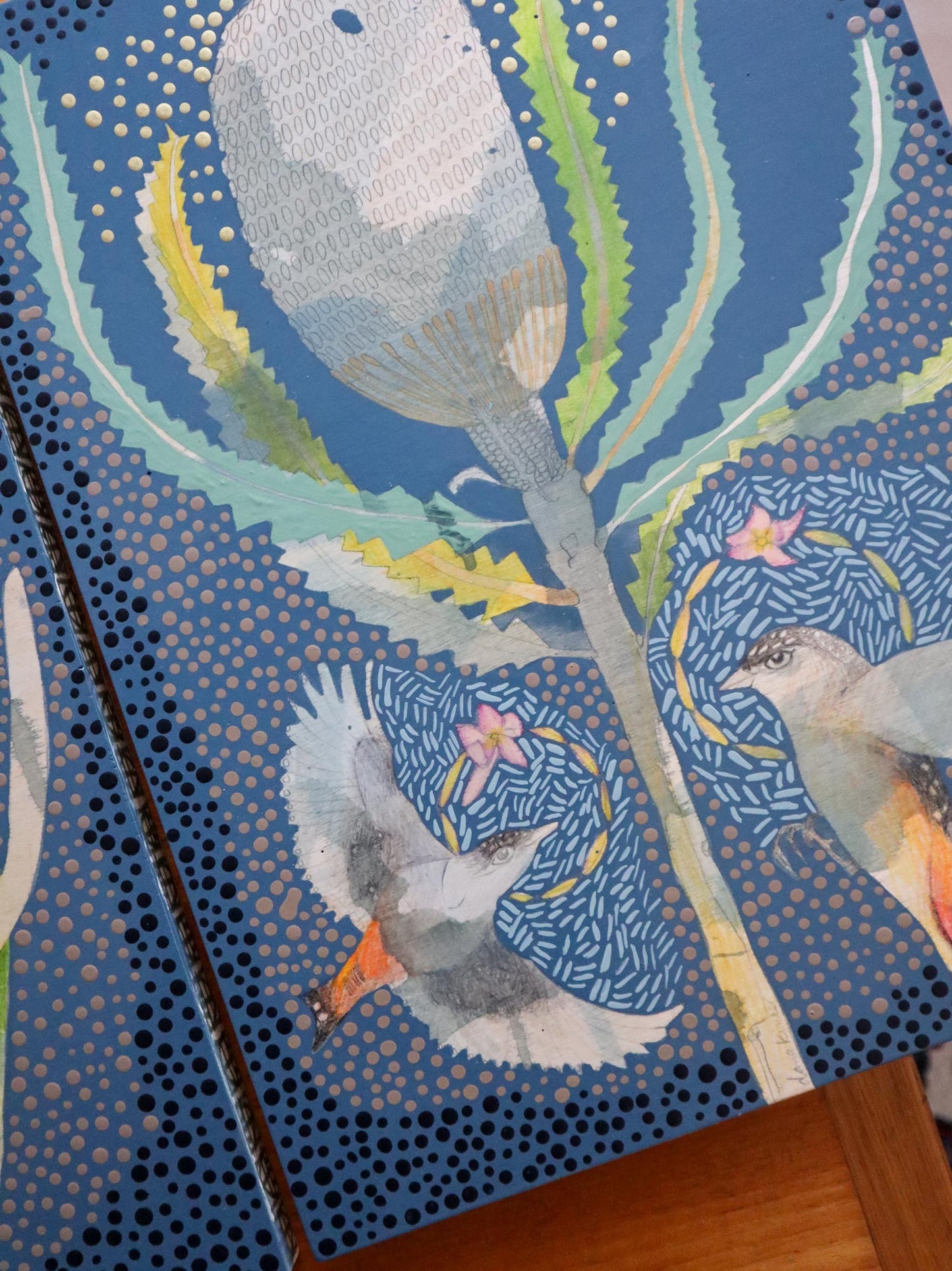 The Heart of Happiness - Striated Pardalote and Banksia Burdettii Painting