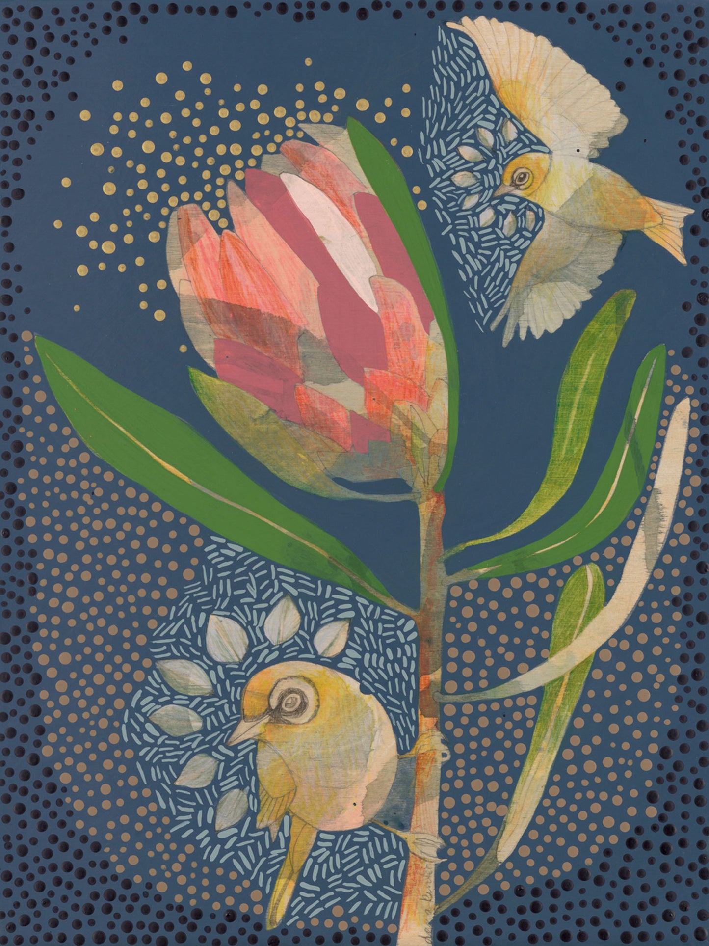 The Heart of Happiness - Silvereye and Pink Ice Protea Painting