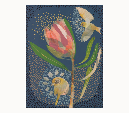 The Heart of Happiness - Silvereye and Pink Ice Protea Painting