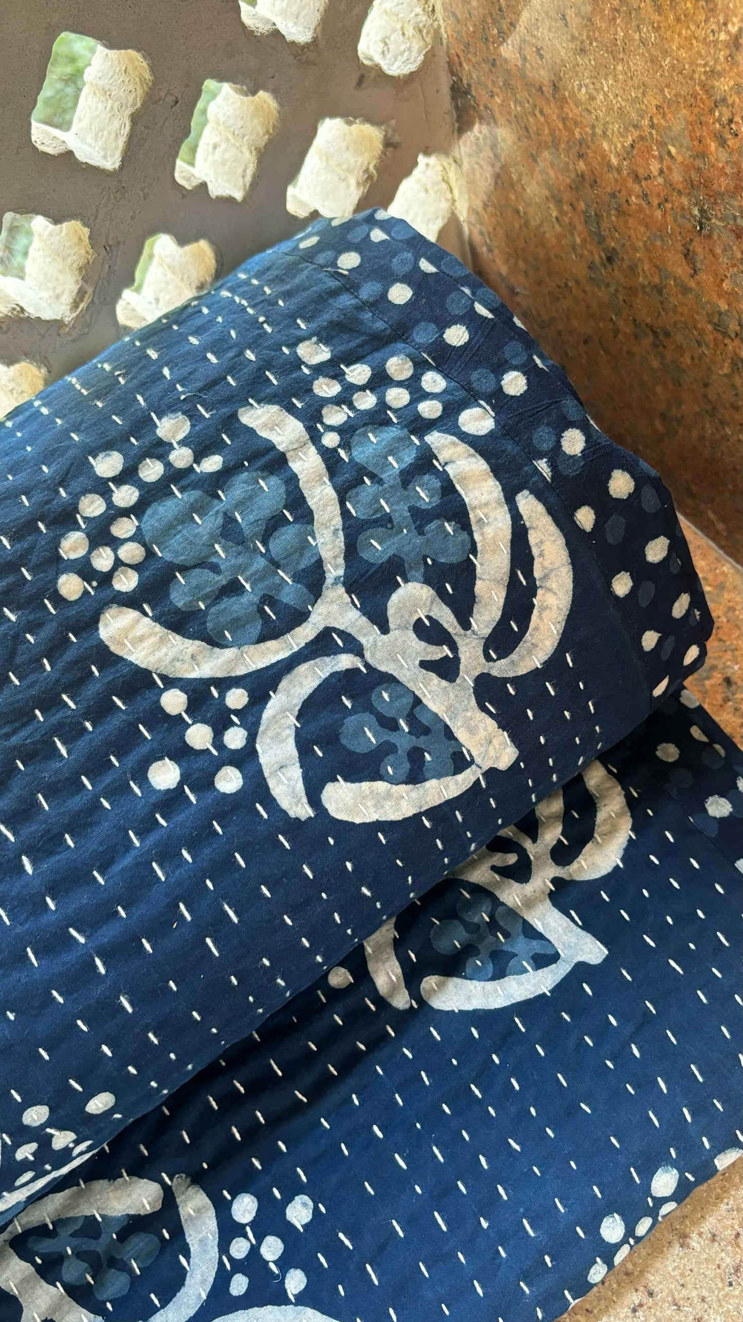 heart strings, australian/aldinga wattle 🌿 indigo woodblock kantha print quilt