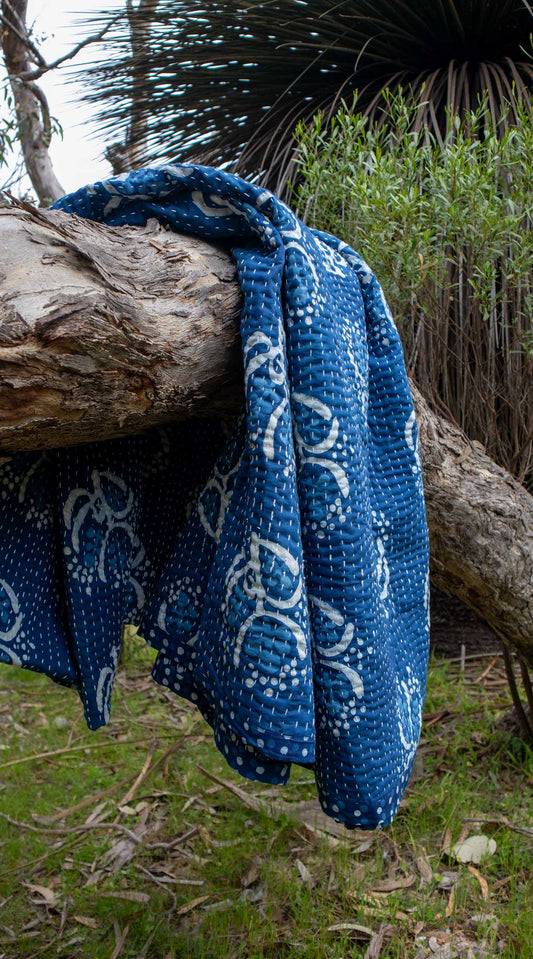 heart strings, australian/aldinga wattle 🌿 indigo woodblock kantha print quilt