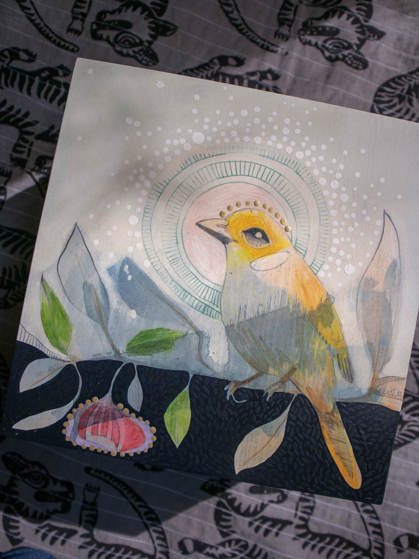 White Plumed Honeyeater and Silver Princess Eucalyptus - Painting